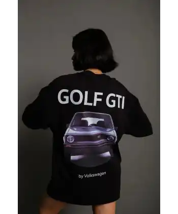 Kadın Oversize Tişört Golf GTI Retro Araba Baskılı T-shirt - Siyah