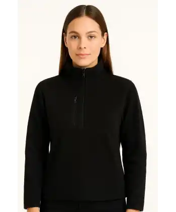 Kadın Polar Kazak – Dik Yaka, Yarım Fermuarlı, Fermuarlı Göğüs Cepli, Siyah Biyeli, Kışlık Rahat Regular Fit Günlük Model - Siyah