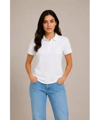 Kadın Polo Yaka Pike Kumaş Düğmeli Basic Tişört Günlük Rahat - Beyaz
