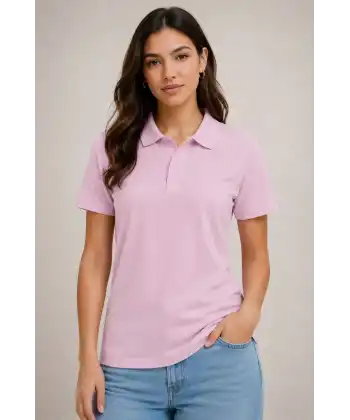 Kadın Polo Yaka Pike Kumaş Düğmeli Basic Tişört Günlük Rahat - Pembe