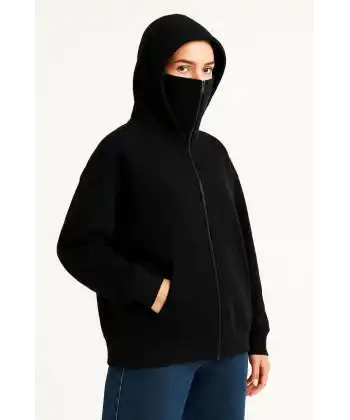 Kadın Samuray Ninja Çift Kapüşonlu Maske Detaylı Fermuarlı Kanguru Cepli Hoodie - Siyah