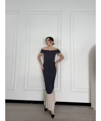 Kadın Striptiz Omuzlu Uzun Elbise- Füme
