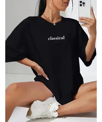 Kadın T-shirt Penye Compack Classical Baskılı Kısa kol Tişört - Siyah