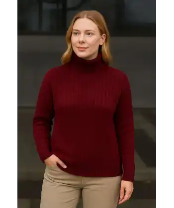 Kadın Tam Boğazlı Balıkçı Yaka Triko Kazak Kalın Fitilli - Bordo