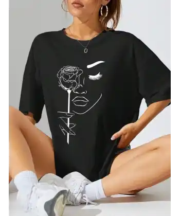 Kadın Tişört Baskılı Kısa kol Oversize T-shirt - Siyah