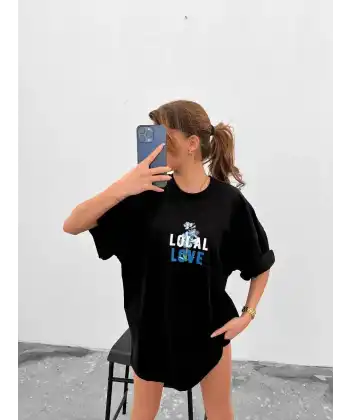 Kadın Tişort Bisiklet Yaka Baskılı Kısa kol Oversize T-Shirt - Siyah
