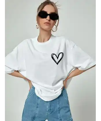 Kadın Tişört Bisiklet Yaka Baskılı Oversize T-Shirt - Beyaz
