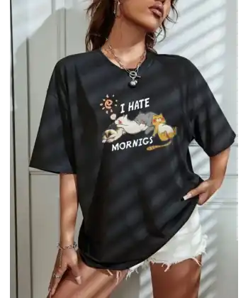 Kadın Tişört Bisiklet Yaka Baskılı Oversize T-Shirt - Siyah