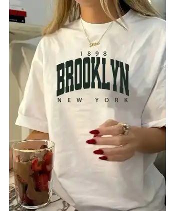 Kadın Tişört Bisiklet Yaka Brooklyn Baskılı Kısa Kollu T-shirt - Beyaz