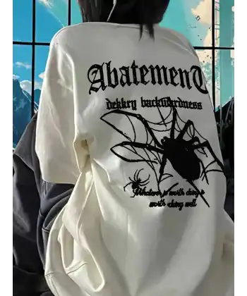 Kadın Tişört Örümcek Baskılı Bisiklet Yaka T-shirt - Beyaz