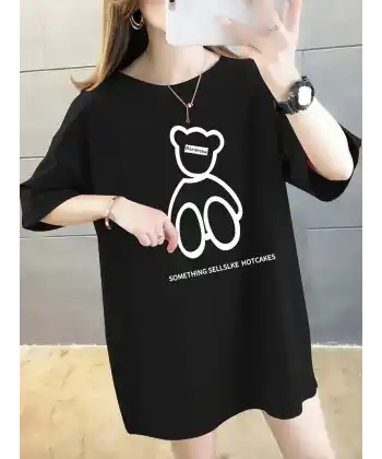 Kadın Tişört Penye Compack Baskılı Oversize Bisiklet Yaka T-shirt - Siyah