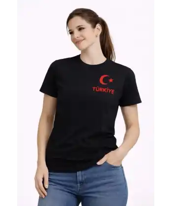 Kadın TÜRKİYE Ay Yıldız Baskılı Taraftar Forma T-Shirt - Siyah