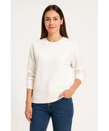 Kadın Üç İplik Düz Bisiklet Yaka SweatShirt - Beyaz