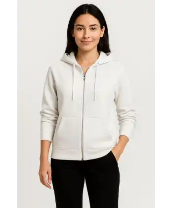 Kadın Üç İplik Kapüşonlu Tam Fermuarlı Kanguru Çepli SweatShirt Hoodie - Beyaz