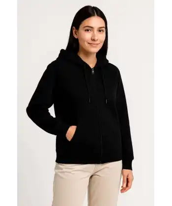 Kadın Üç İplik Kapüşonlu Tam Fermuarlı Kanguru Çepli SweatShirt Hoodie - Siyah