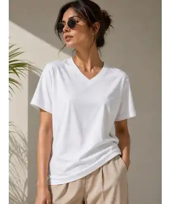 Kadın V Yaka Basic Tişört Kısa Kol Yazlık Regular Fit T-Shirt - Beyaz