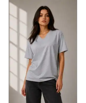 Kadın V Yaka Basic Tişört Kısa Kol Yazlık Regular Fit T-Shirt - Gri