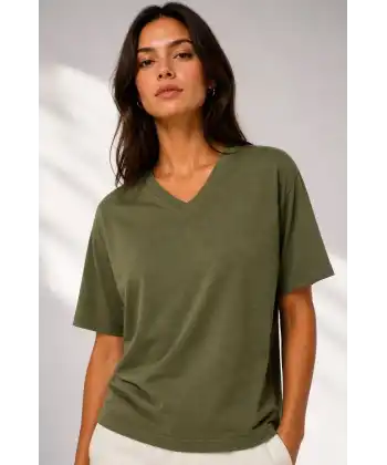 Kadın V Yaka Basic Tişört Kısa Kol Yazlık Regular Fit T-Shirt - Haki
