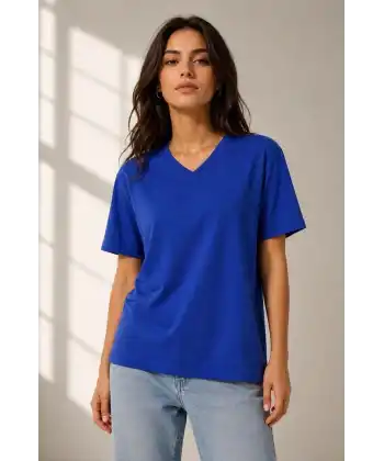 Kadın V Yaka Basic Tişört Kısa Kol Yazlık Regular Fit T-Shirt - Saks Mavisi