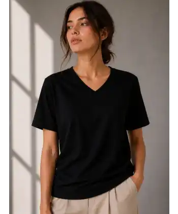 Kadın V Yaka Basic Tişört Kısa Kol Yazlık Regular Fit T-Shirt - Siyah