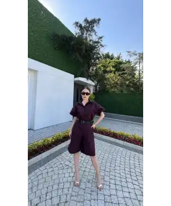 Kadın Yakalı Gömlek Kemerli Şortlu Alt-Üst Takım - Bordo