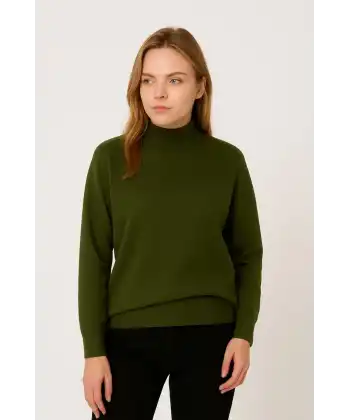 Kadın Yarım Boğaz Triko Kazak yumuşak dokulu Pamuklu ince Dokuma, uzun kollu Rahat Regular kalıp - Haki