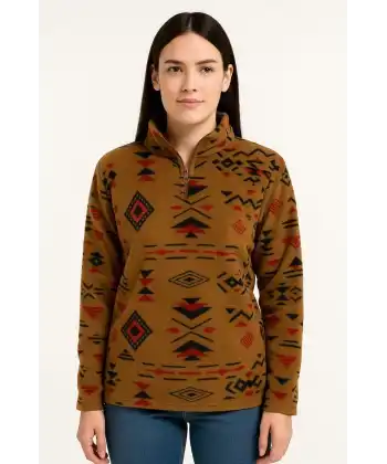 Kadın Yarım Fermuarlı Desenli Polar Sweat Tribal Etnik Desen Yakalı, Uzun Kollu, Oversize Rahat Kalıp - Kahverengi