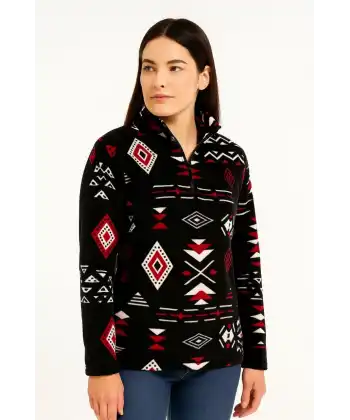 Kadın Yarım Fermuarlı Desenli Polar Sweat Tribal Etnik Desen Yakalı, Uzun Kollu, Oversize Rahat Kalıp - Siyah