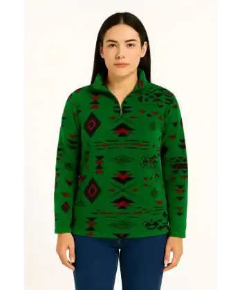 Kadın Yarım Fermuarlı Desenli Polar Sweat Tribal Etnik Desen Yakalı, Uzun Kollu, Oversize Rahat Kalıp - Yeşil