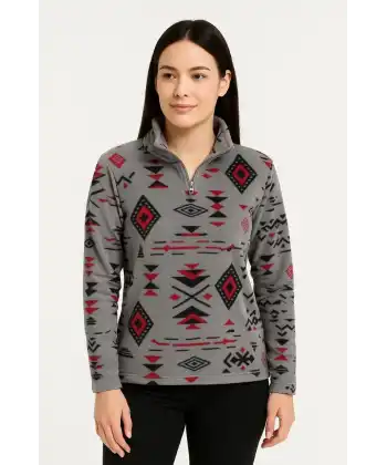 Kadın Yarım Fermuarlı Desenli Polar Sweat Tribal Etnik Desen Yakalı, Uzun Kollu, Oversize Rahat Kalıp - Füme