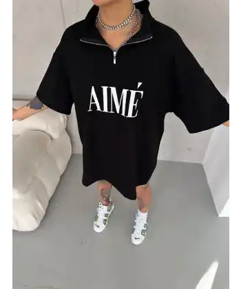 Kadın Yarım Fermuarlı Tişört Baskılı T-Shirt - Siyah