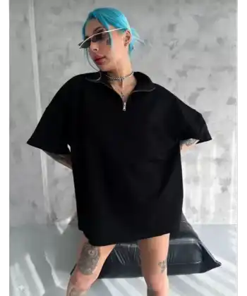 Kadın Yarım Fermuarlı Tişört Düz Oversize T-Shirt - Siyah