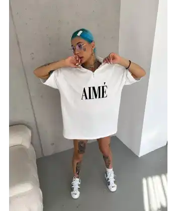 Kadın Yarım Fermuarlı Tişört Kısa kol Baskılı T-Shirt - Beyaz