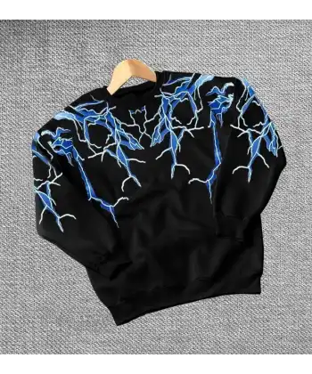 Kadın Yıldırım Baskılı Bisiklet Yaka 3 iplik pamuklu Sweatshirt - Siyah