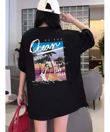 Kadınlar İçin Geniş Kesim Tişört - Kısa Kollu, Bol Kesim, Manzaralı Okyanus Baskı, Günlük Yazlık Üst, Siyah- Siyah