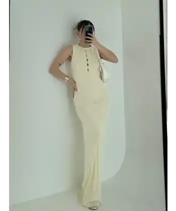 Kalın Fitilli Uzun Triko Elbise - Kırık Beyaz