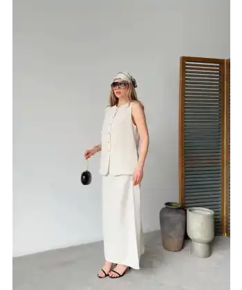 Keten Kolsuz Sıfır Yaka İlik Düğmeli Kolsuz Hırka Etek ikili Takım- Beyaz