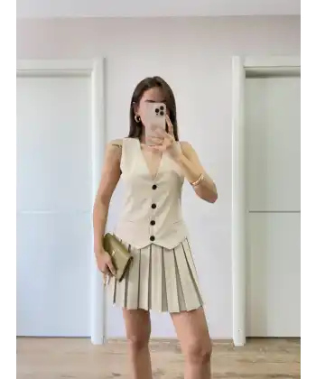 Keten Takım Görünümlü Düğme Detaylı Yelekli Mini Elbise - Bej