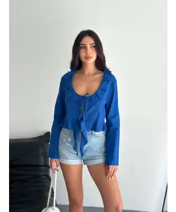 Keten Uzun Kol Bağacık Detaylı Bluz - Lacivert