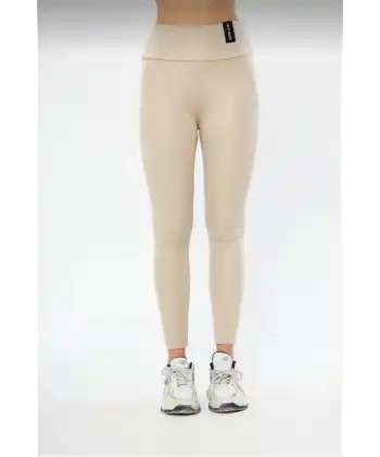 Kışlık Yüksek Bel Toparlayicı ve Sıkılaştırıcı Likralı Şardonlu Tayt - Bej