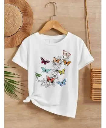 Kız Çocuk Bisiklet Yaka Baskılı T-Shirt - Beyaz
