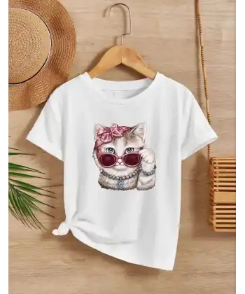 Kız Çocuk Bisiklet Yaka Baskılı T-Shirt - Beyaz
