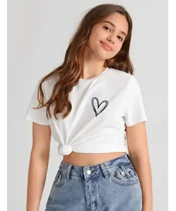 Kız Çocuk Bisiklet Yaka Baskılı T-Shirt - Beyaz