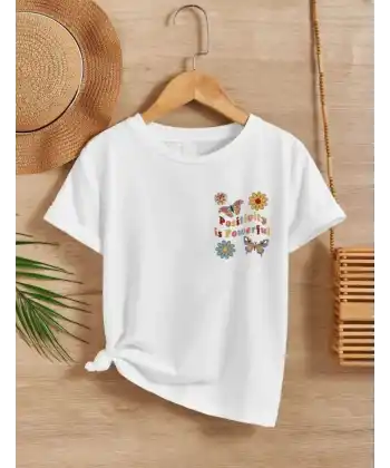 Kız Çocuk Bisiklet Yaka Baskılı T-Shirt - Beyaz