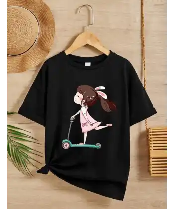 Kız Çocuk Bisiklet Yaka Baskılı T-Shirt - Siyah