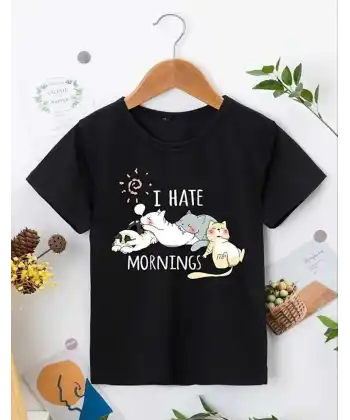 Kız Çocuk Bisiklet Yaka Baskılı T-Shirt - Siyah
