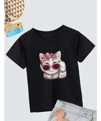 Kız Çocuk Bisiklet Yaka Baskılı T-Shirt - Siyah