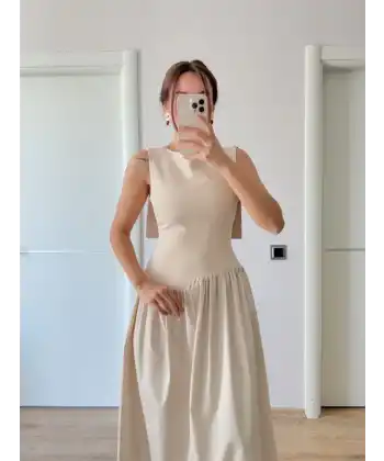 Krep Arkası Kanat Arka Ön Pens Detaylı Uzun Kadın Elbise - Bej