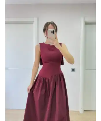Krep Arkası Kanat Arka Ön Pens Detaylı Uzun Kadın Elbise - Bordo