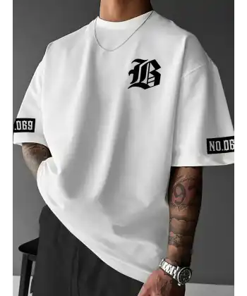 LB Baskılı Ön Arka Oversize Bisiklet Yaka Kısa Kol T-shirt - Beyaz